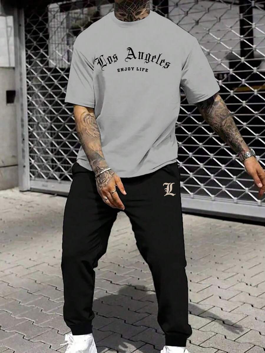Manfinity Homme Men's Plus Size Letter Printed Short Sleeve T-Shirt And Sweatpants Set