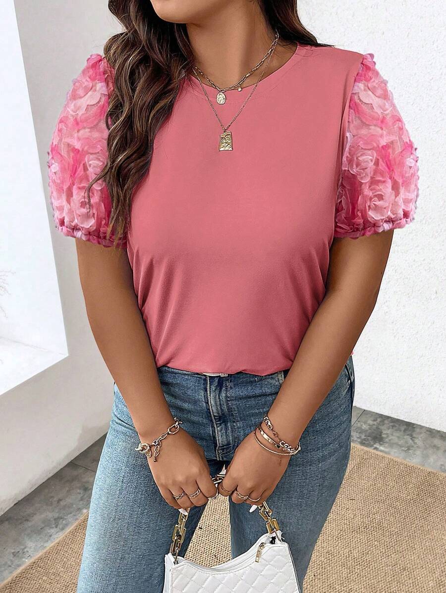 Celure Plus Size 3d Flower Patchwork Short Sleeve T-Shirt For Summer