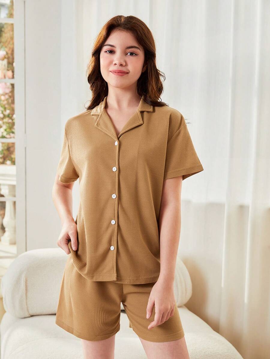 Conjunto de Shorts e Camisa Casual de Manga Curta em Tecido Xadrez para Menina Adolescente, 2 peças para Primavera e Verão