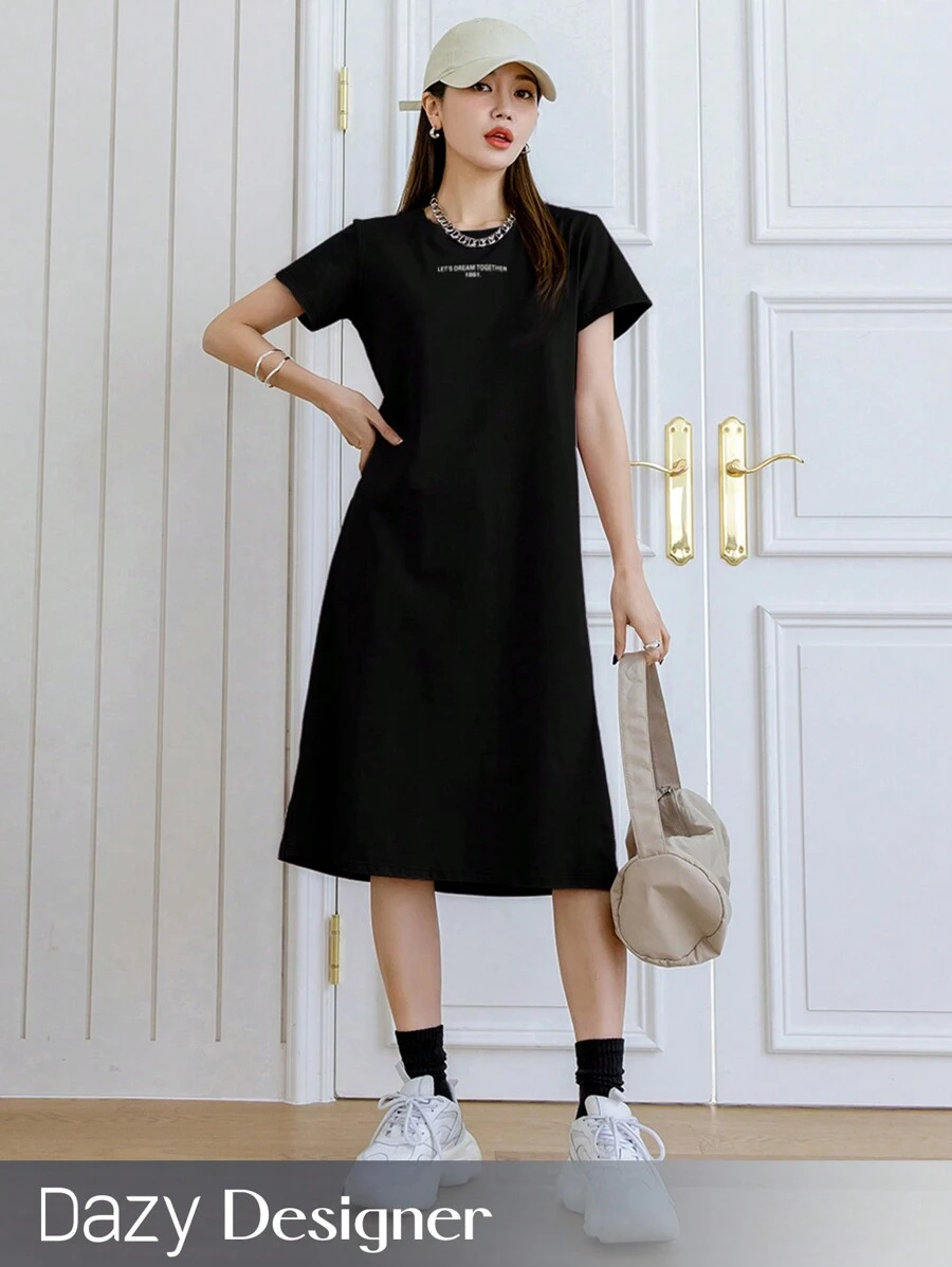 Dazy Designer Ladies' Summer Short Sleeve Round Neck Dress With Letter Print Sundress,Casual Women Dresses