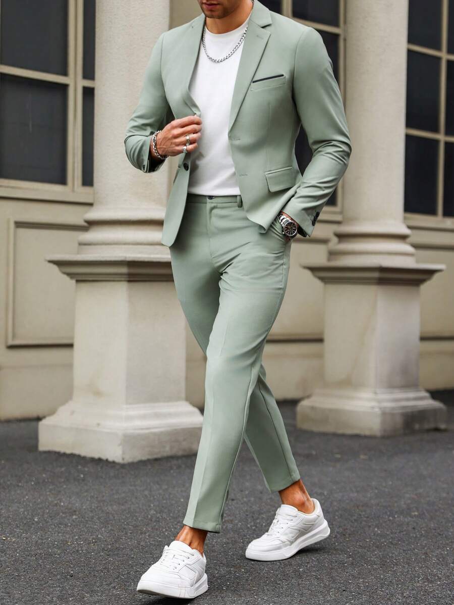 Manfinity Bizformal Conjunto de traje de chaqueta sólido para hombre con cuello de solapa y pantalones con bolsillo inclinado para ocasiones informales