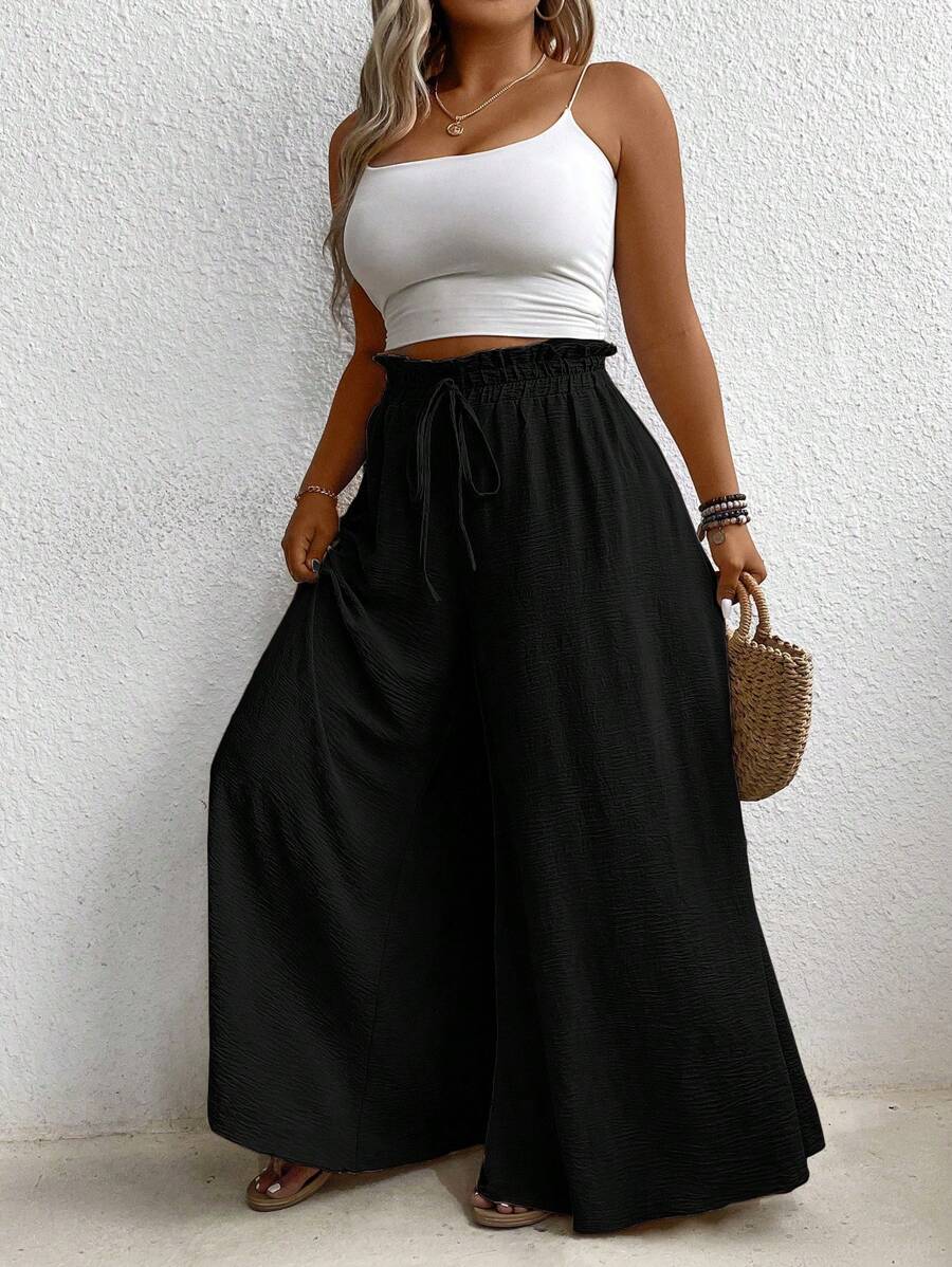 SHEIN LUNE Plus Size Solid Color High-Waist Wide Leg Pants With Paperbag Waist, Summer
