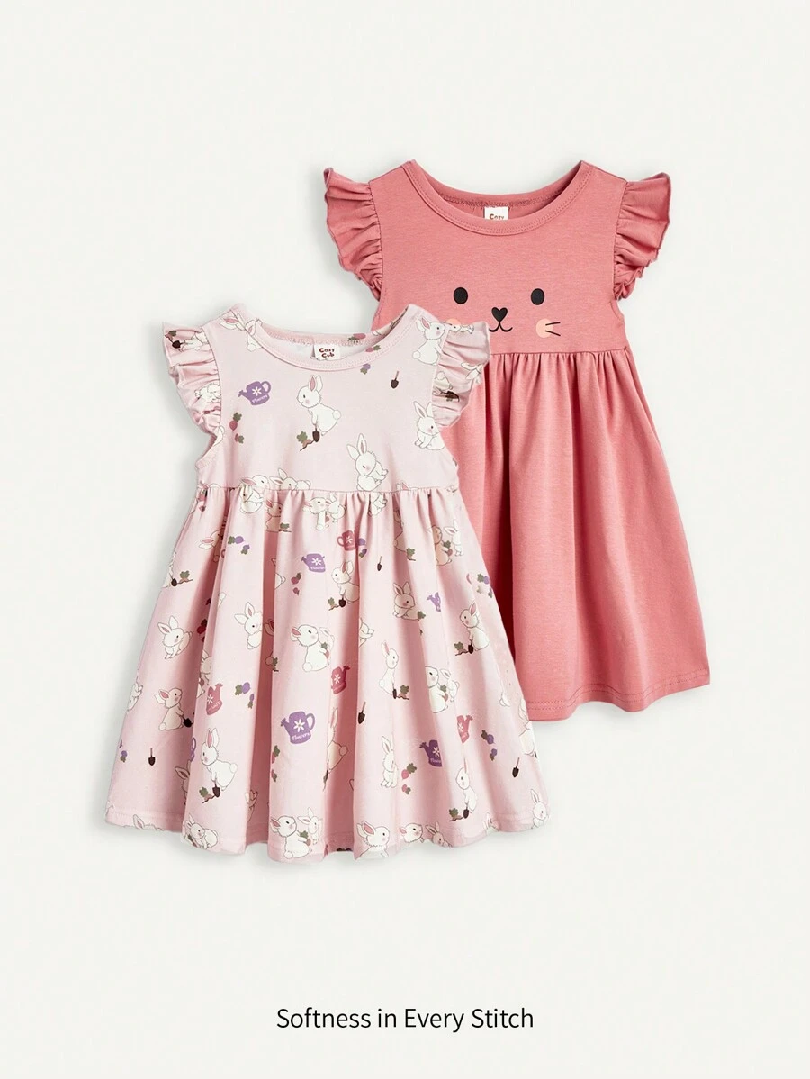 Cozy Pixies Conjunto De Vestido De Cintura Imperio Con Cuello Redondo Con Volantes Y Estampado De Conejito Para Niña Pequeña