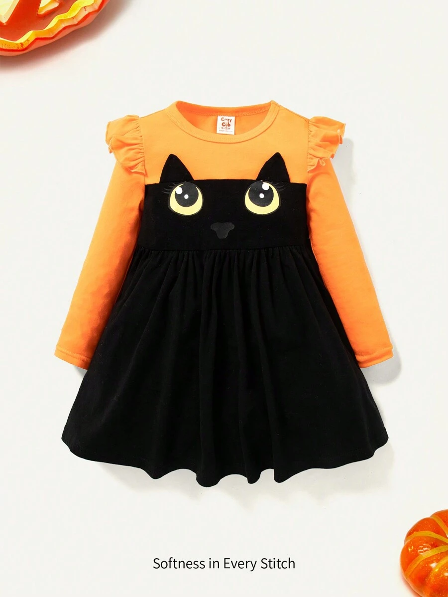Cozy Pixies Bebé niña Vestido Halloween con estampado de dibujos animados ribete con fruncido