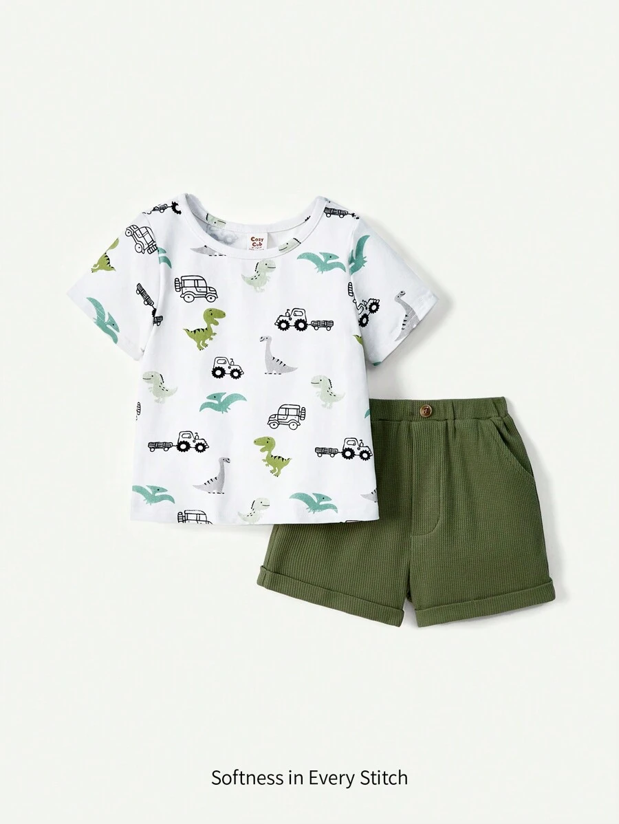Cozy Pixies Conjunto De 2 Piezas Para Bebé Niño, Camiseta De Manga Corta Con Estampado De Dinosaurio Y Cuello Redondo Junto Con Pantalones Cortos De Un Solo Color