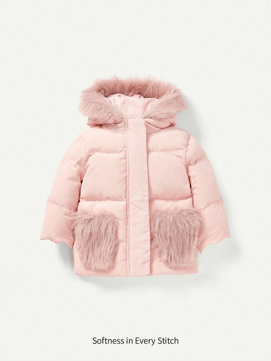 Manteau rembourré avec capuche et bordure en fourrure pour bébé fille