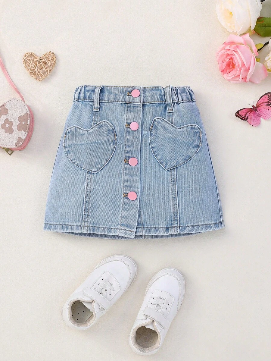 Falda vaquera con cintura elástica de moda para niña joven con bolsillos y botones en forma de corazón