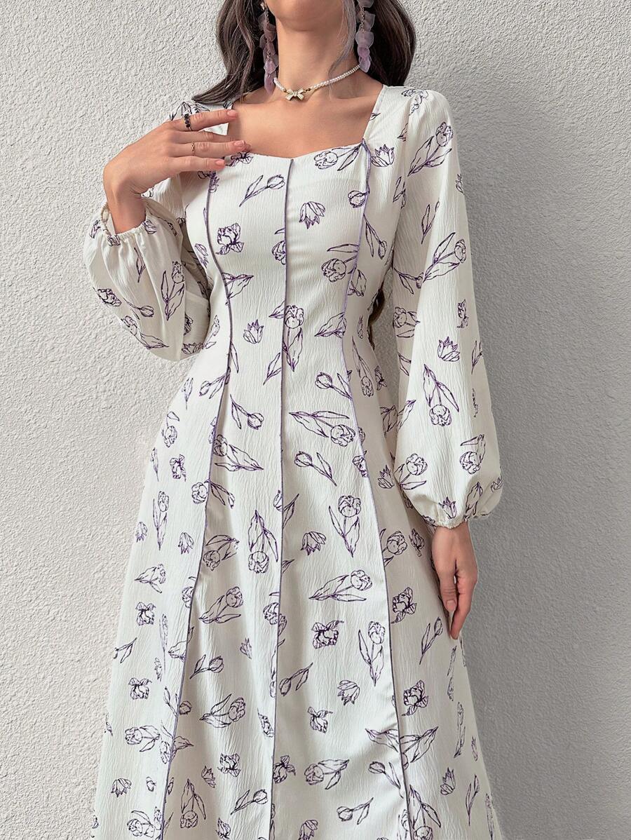 Modelyn Vestido largo con estampado de flores, mangas farol y cintura fruncida, en forma de corazón en el cuello, para uso formal y vestidos de noche para mujeres