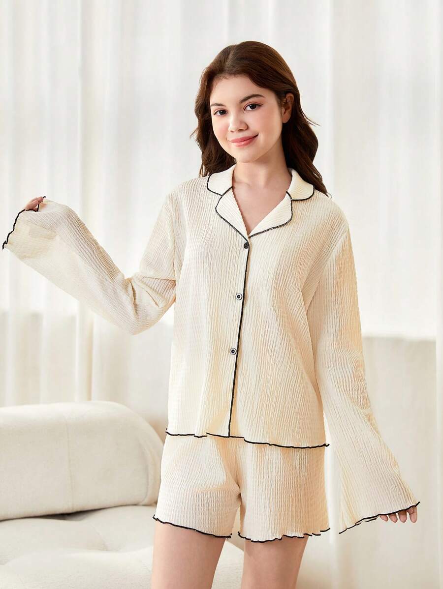 Teen Girl Cardigan Simplu Alb Maneca Lungi Cu Pantaloni Scurt Casual 2buc/Set Tinuta Acasă