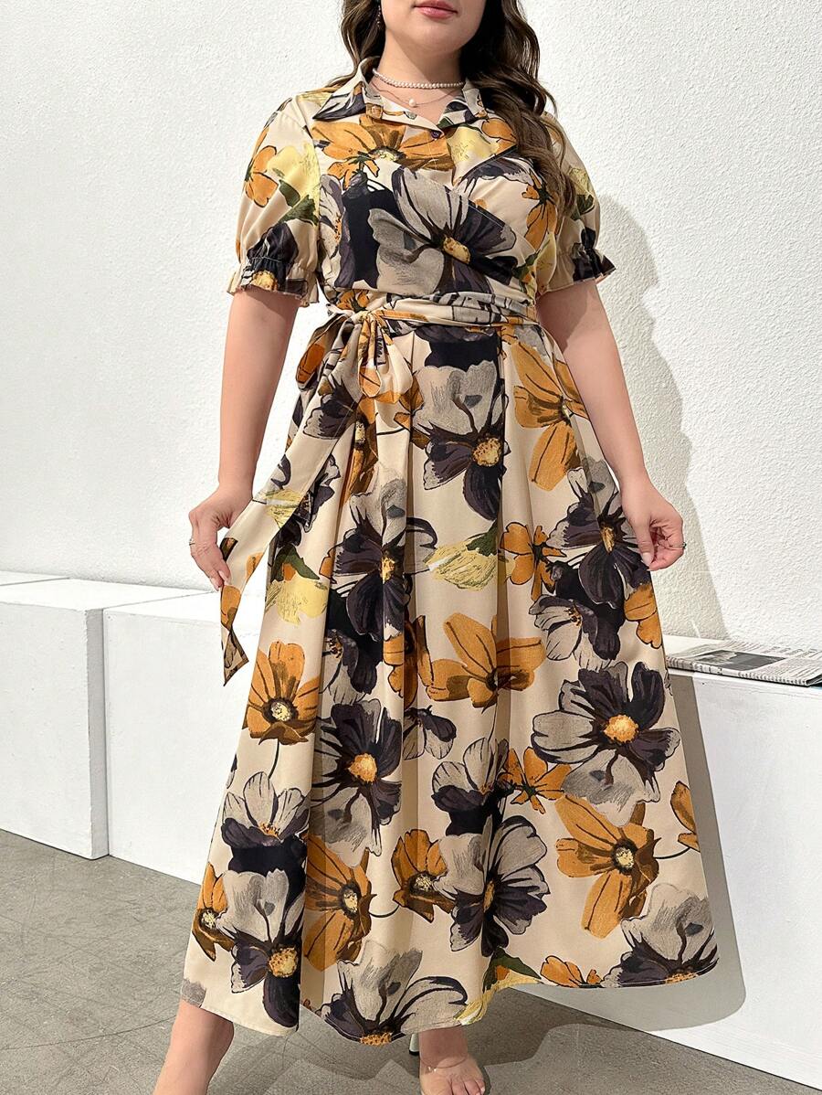 Mulvari Plus Size Women's Fashionable Short-Sleeved Dress With Floral Print Women Outfit, For Summer