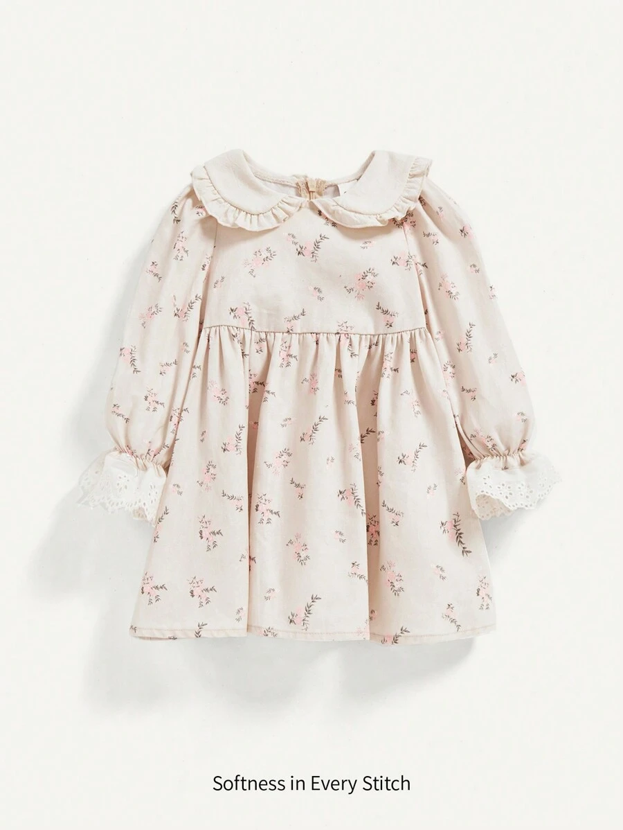 Cozy Pixies Baby Girls' Peter Pan Collar Long Sleeve Floral Printed Dress With Ruffle Hem