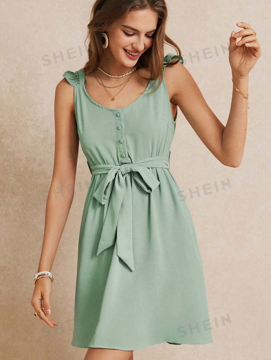 SHEIN Frenchy Vestido Para Las Vacaciones De Verano Con Lazos De Moño En La Cintura, Mangas Con Volantes Y Encaje Exquisito