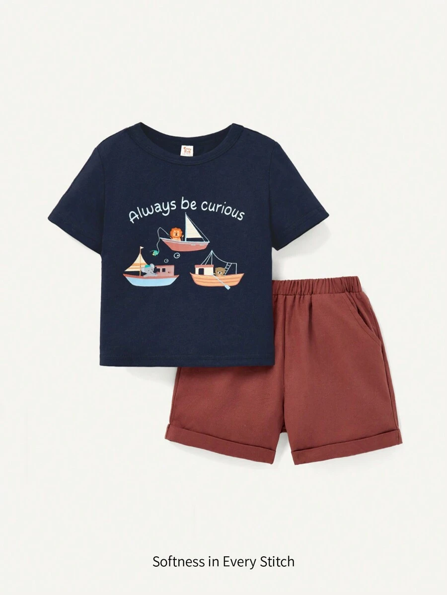 Cozy Pixies Baby Boys' Boat Pattern Round Neck Short Sleeve Top And Solid Color Shorts Set