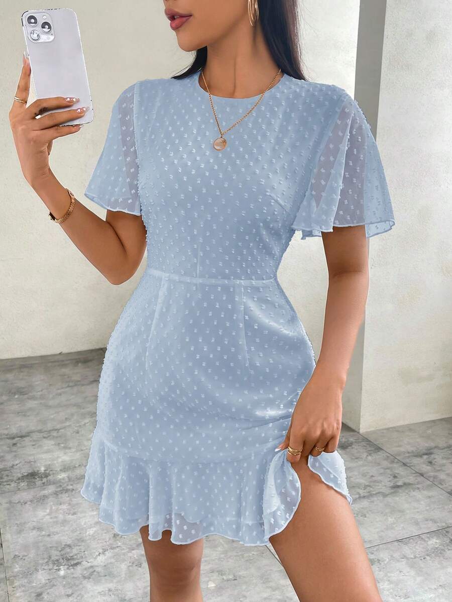 SHEIN Privé Women's Summer Solid Color Chiffon Ruffle Hem Short Dress,Pastel Dresses For Women,Business Casual Woman