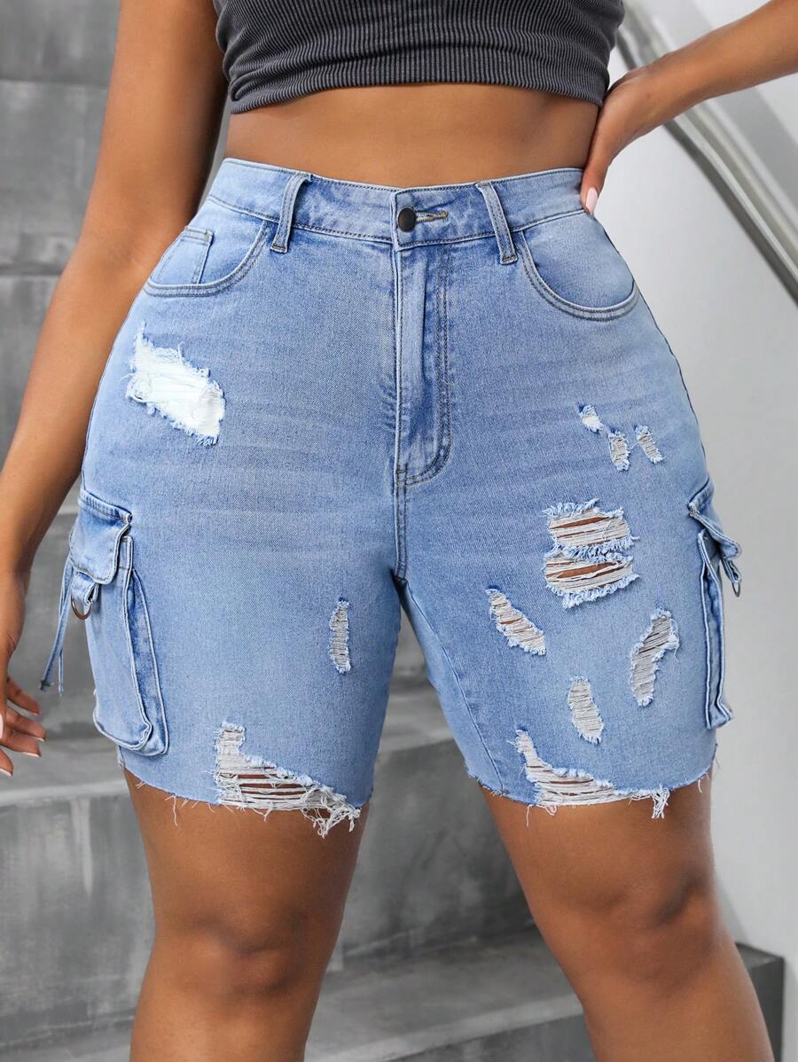 SHEIN SXY Plus Size Women's Workwear Style Denim Shorts With Distressed Finish And Multiple Pockets