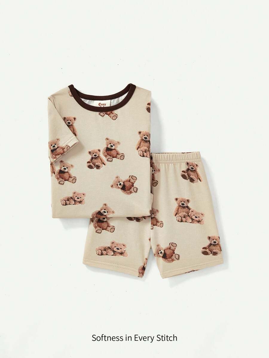 Cozy Pixies Baby Boy Snug Fit Pajama, Cartoon Bear Printed Color Block Round Neck Short Sleeve Top & Casual Shorts, Fit PJ Homewear Set