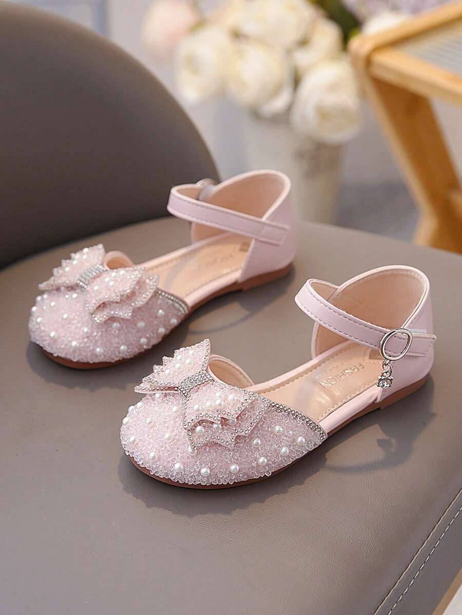 Children Flat Sandals Girls Princess Sandals Rhinestone Bowknot Pearl Decoration Fashionable Closed Toe Sandals