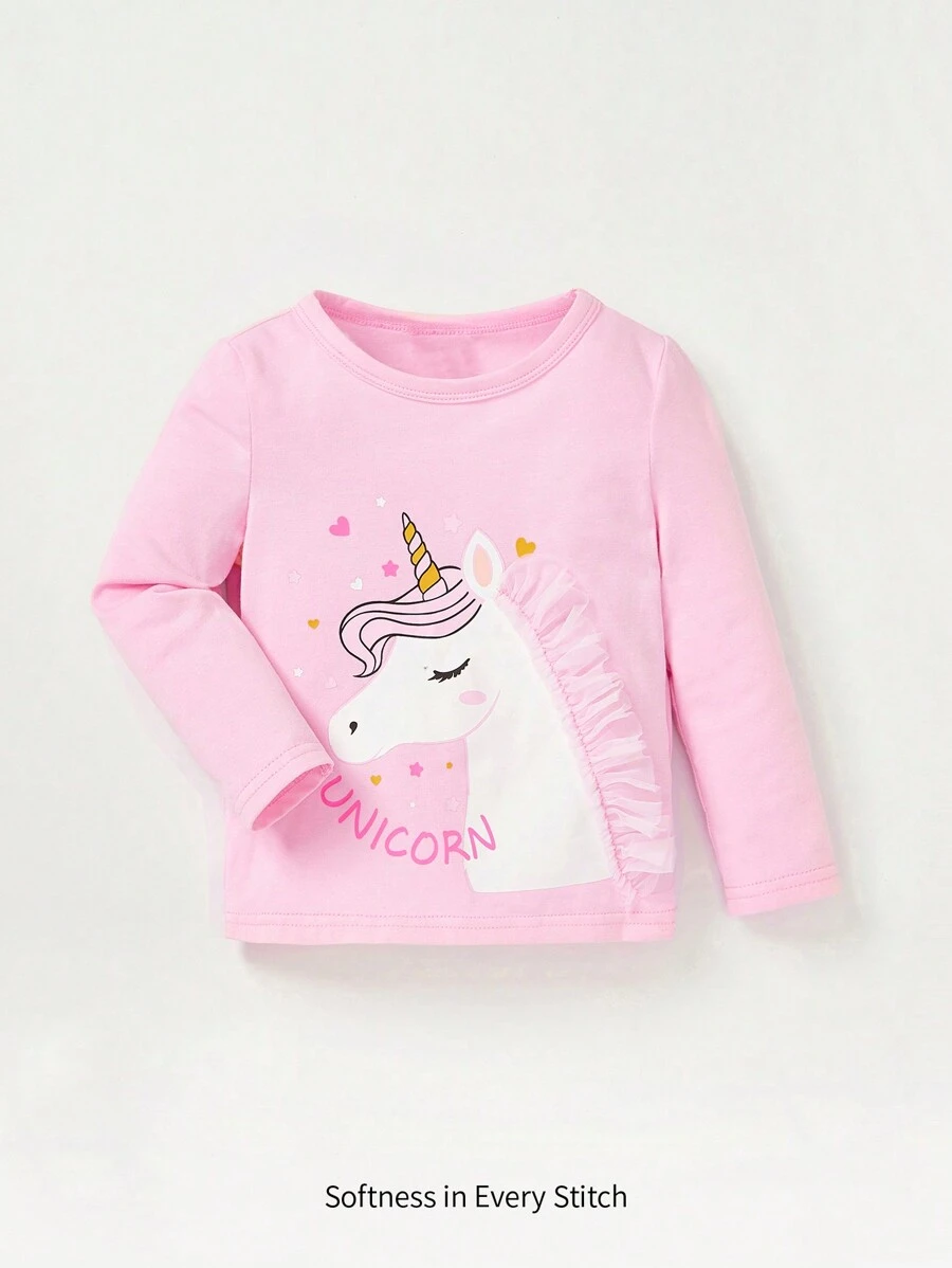 Cozy Pixies Baby Girl Unicorn Print Mesh Ruffle Trim Tee