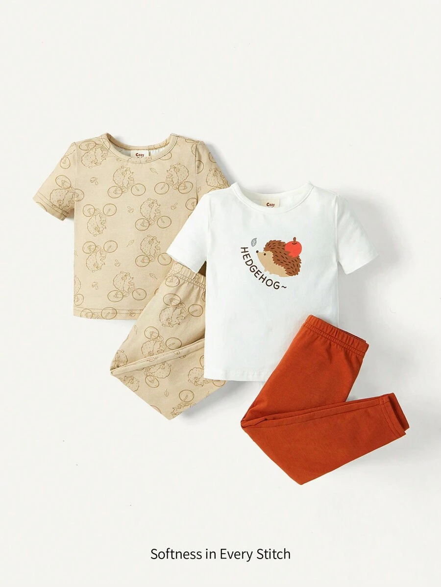 Conjunto de pijama ajustado para bebé niño, parte superior de manga corta y pantalones largos con diseño impreso de erizo, 4 piezas