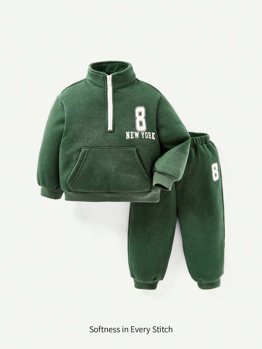 Cozy Pixies Bebé niño Pantalones deportivos con sudadera con estampado de letra con cremallera media con bolsillo de canguro