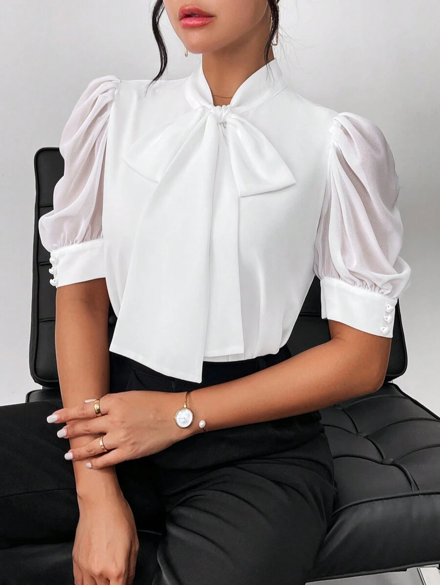 SHEIN Privé Women's Gentle Quality Chiffon Shirt With Bowknot Bubble Sleeves,Short Sleeve Tops