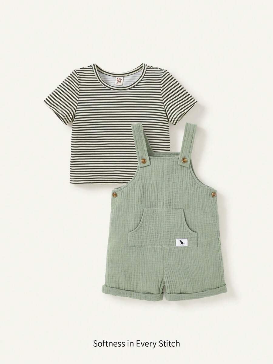 Cozy Pixies Baby Boy Striped Round Neck Drop Shoulder Pullover Top And Plain Overalls Shorts Two Pieces Set