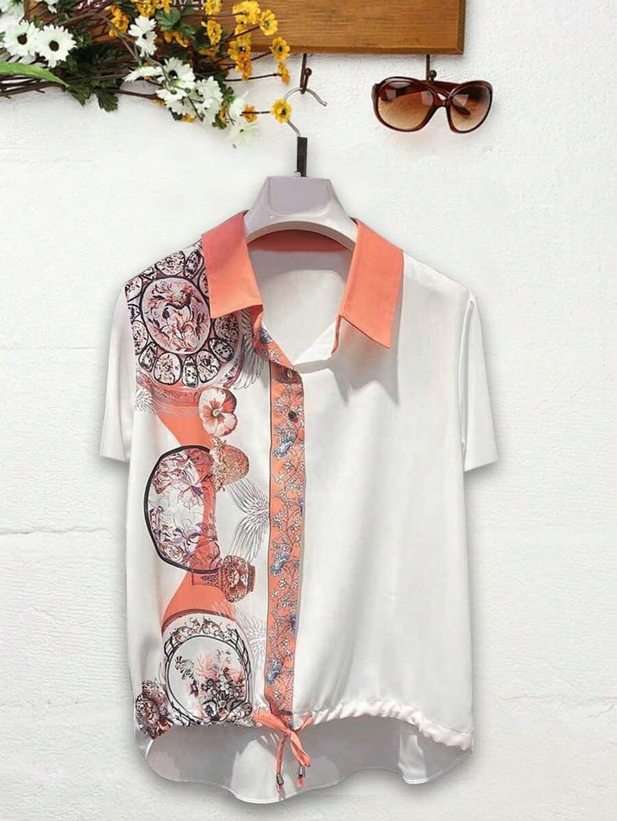 SHEIN LUNE Plus Size Women's Summer Floral Print Short-Sleeve Casual Shirt