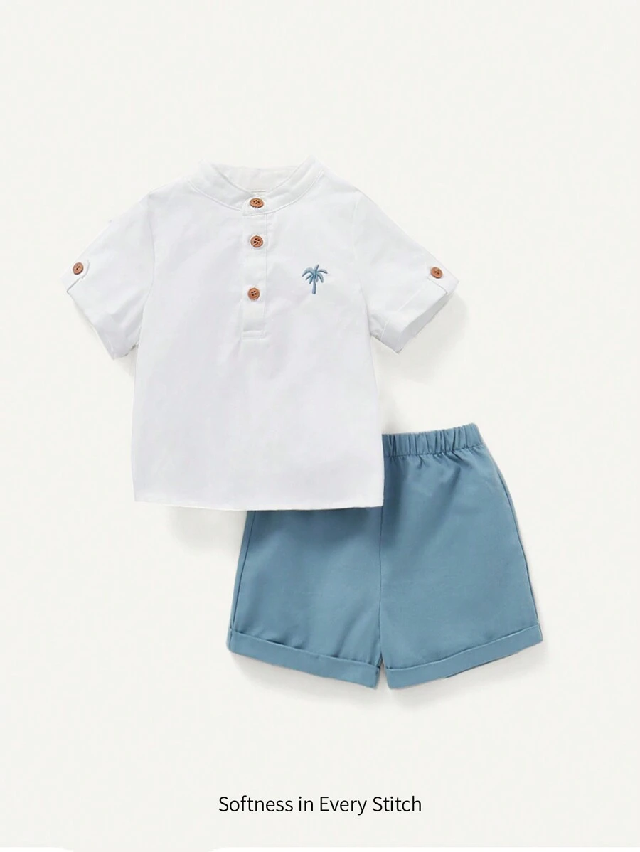 Cozy Pixies Baby Boys' Coconut Tree Embroidery Stand Collar Short Sleeve Top And Shorts Set