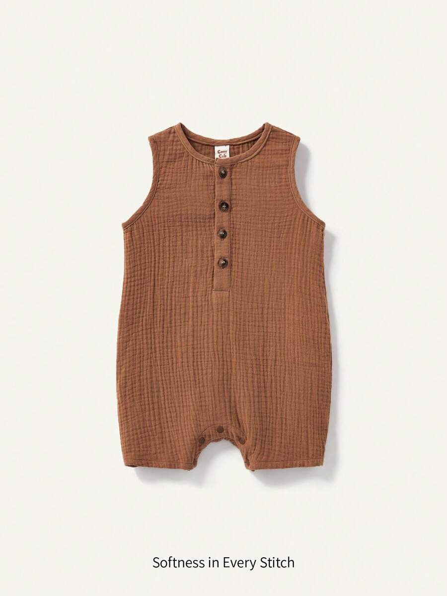 Cozy Pixies Baby Boy Solid Color Sleeveless Romper With Decorative Buttons, Round Neck