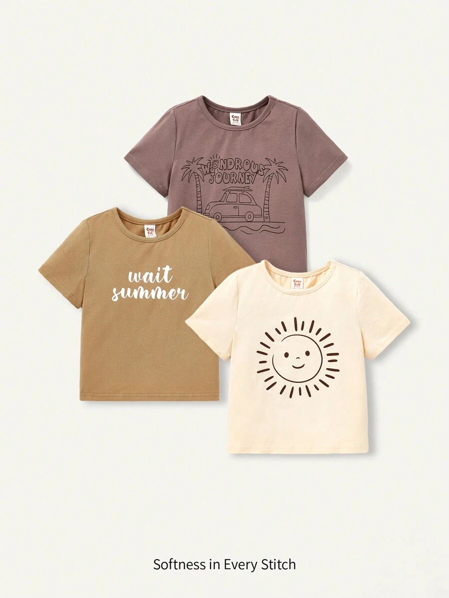 Cozy Pixies Baby Jungen Weicher Strick Cartoon Muster Rundhals Kurzarm T-shirt Set, 3 Stücke
