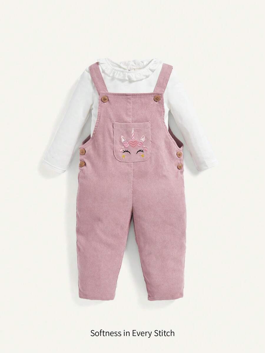 Cozy Pixies Baby Girl Solid Tee & Cartoon Graphic Button Detail Overalls