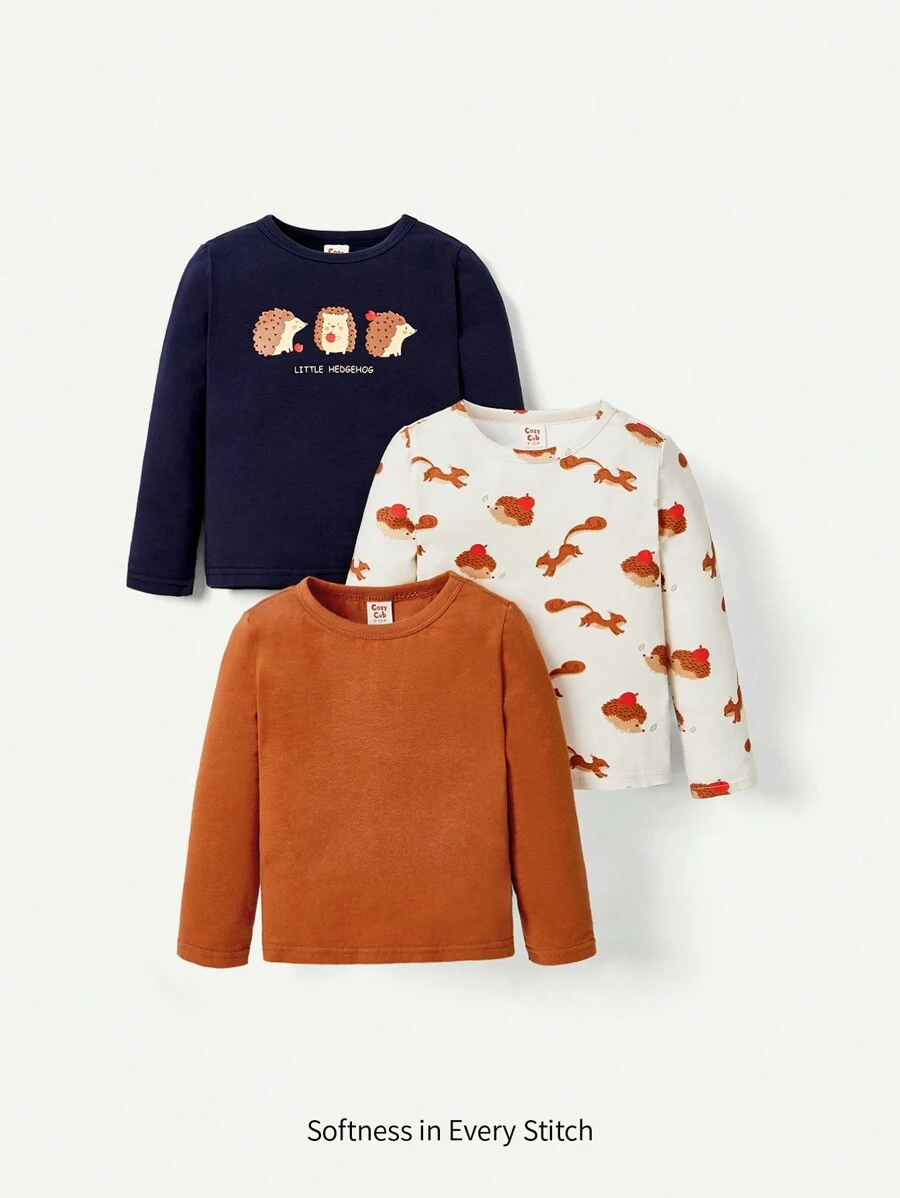Cozy Pixies Conjunto De 3 Piezas De Top Cuello Redondo Con Estampado De Animales Para Bebés Niños Con Hombro Regular