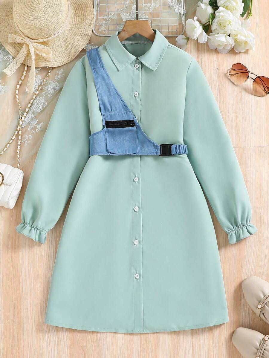SHEIN Stilvolles Hemdkleid Für Tween-mädchen Mit Umhängetasche
