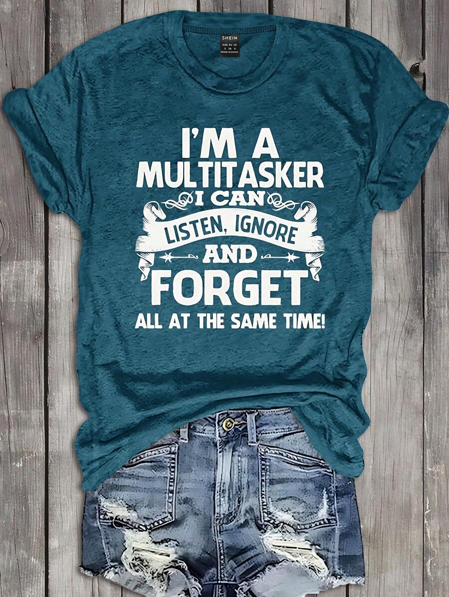 INAWLY Plus Size Summer Casual Cool Letter Print Short Sleeve T-Shirt, I'M A MULTITASKER I CAN LISTEN, IGNORE AND FORGET ALL AT THE SAME TIME Graphic Tees Women Tops