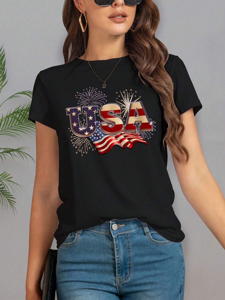 INAWLY Women's Fashionable Summer Short Sleeve T-Shirt With Usa Print Graphic Tees Women Tops
