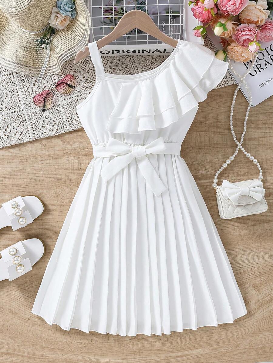 SHEIN Tween-Mädchen Weißes Kleid mit asymmetrischem Ausschnitt und Rüschenbesatz für den Sommer