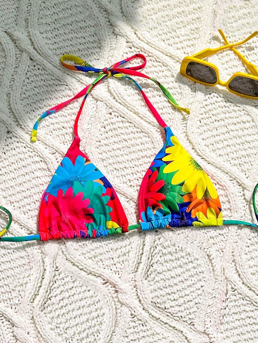 Swim Mod Women Summer Beach Floral Print Vacation Halter Tie Bikini Top