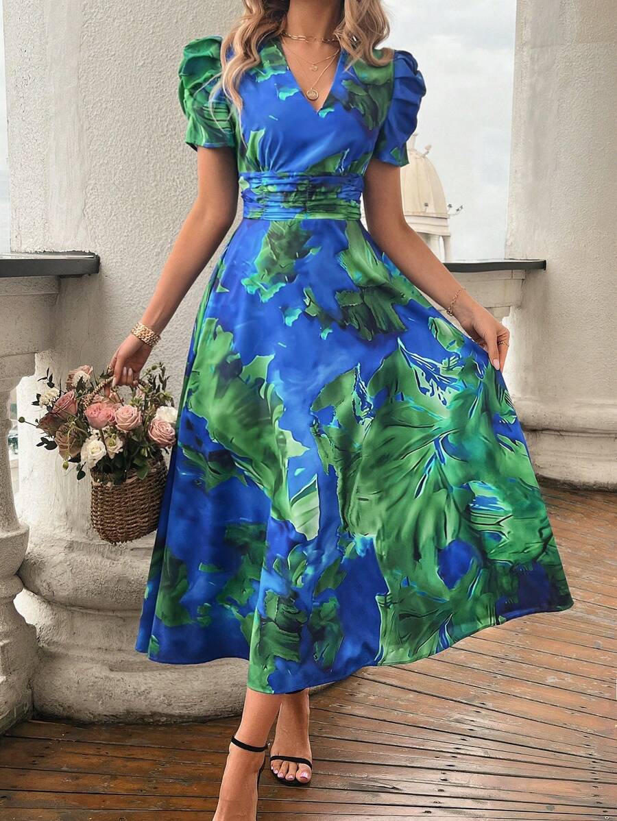 SHEIN Clasi Women's Summer V-Neck Tropical Plant Print Short Puff Sleeve Long Dress Maxi Women Outfit