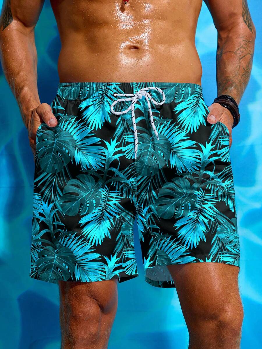 Manfinity VDAYZ Shorts de playa con estampado de hojas y cordón en la cintura para hombre, estilo hawaiano