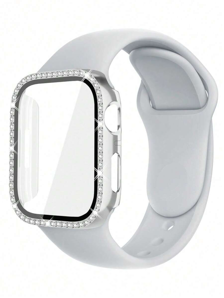 Compatible With Apple Watch Band And Case Combination Set Fashion, Sport, Soft And Comfortable Rivet Buckle Silicone Strap + Shiny Diamond-Studded Anti-Drop And Scratch-Resistant PC Case With Tempered Glass Film Integrated Case Compatible With Apple Watch 38/40/41/42/44/45/46/49MM Replacement Strap Case Compatible With Apple Watch Series Ultra/10/9/8/7/6/5/4/3/SE Women's Strap Case
