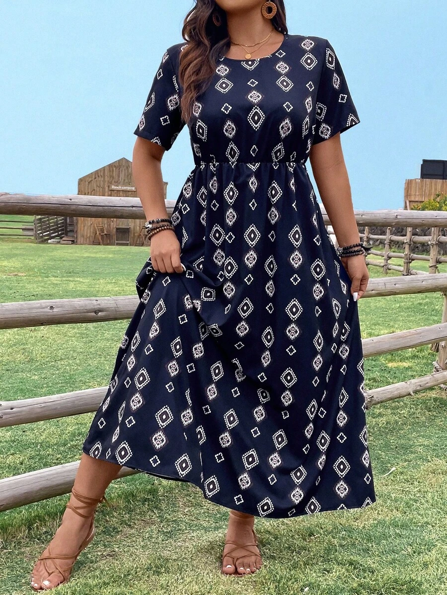 EMERY ROSE Plus Size Geometric Print Short Sleeve Round Neck Summer Dress