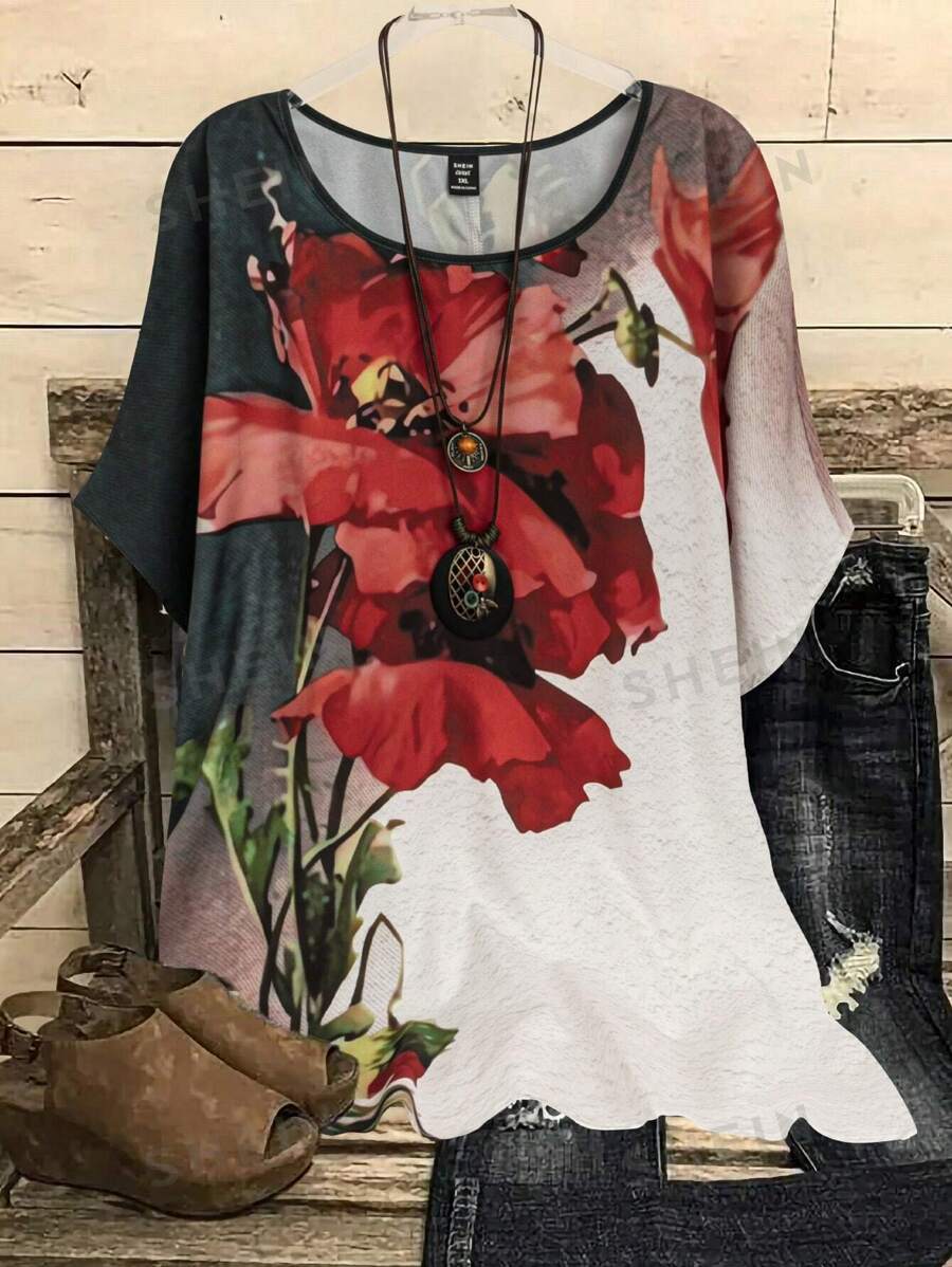 Rusticease Blusa Casual De Talla Grande Para Mujer Con Estampado Floral. Cuello Redondo Perfecta Para El Verano