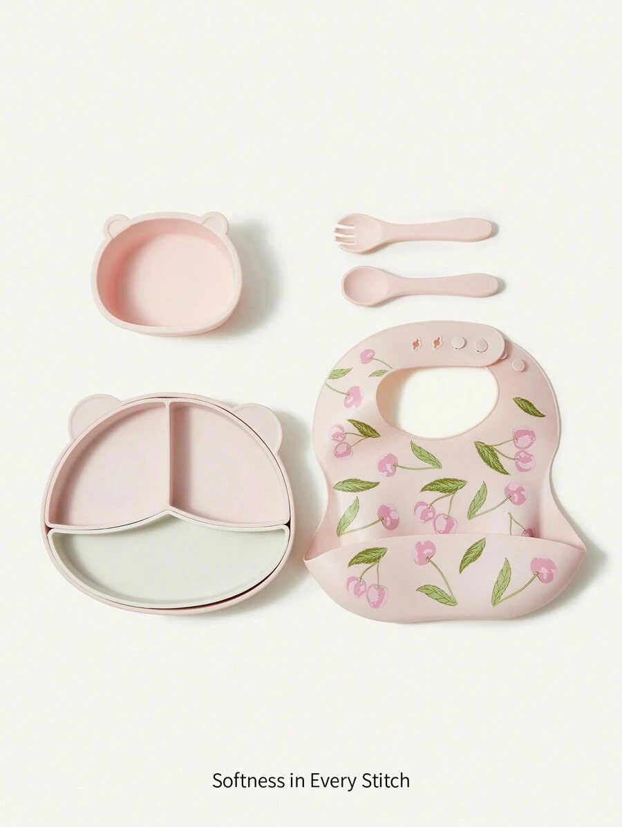 Cozy Pixies 5pcs/set Baby Feeding Set With Silicone Suction Bowl, Bib, Training Bowl, Fork And Spoon