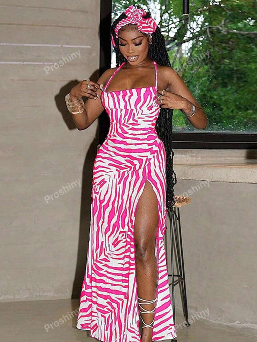 Zebra Print Sexy Spaghetti Strap Backless Split Dress For Women