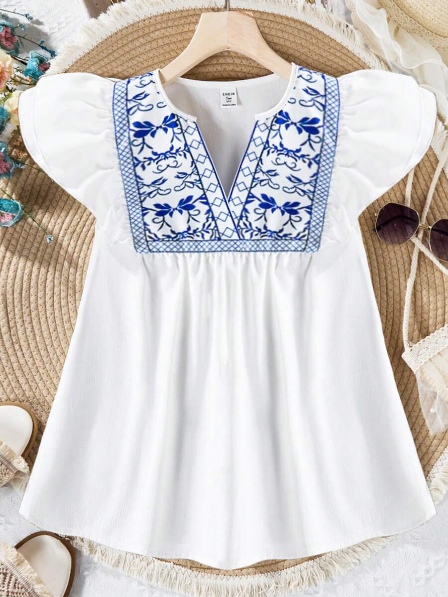 SHEIN Teen Girl Vacation Style Printed Notched Collar Ruffle Armhole Blouse