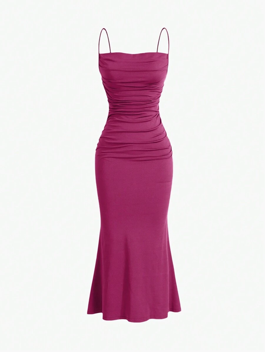 Sweetra Solid Color Ruched Mermaid Style Strap Dress For Summer Maxi Women Outfit