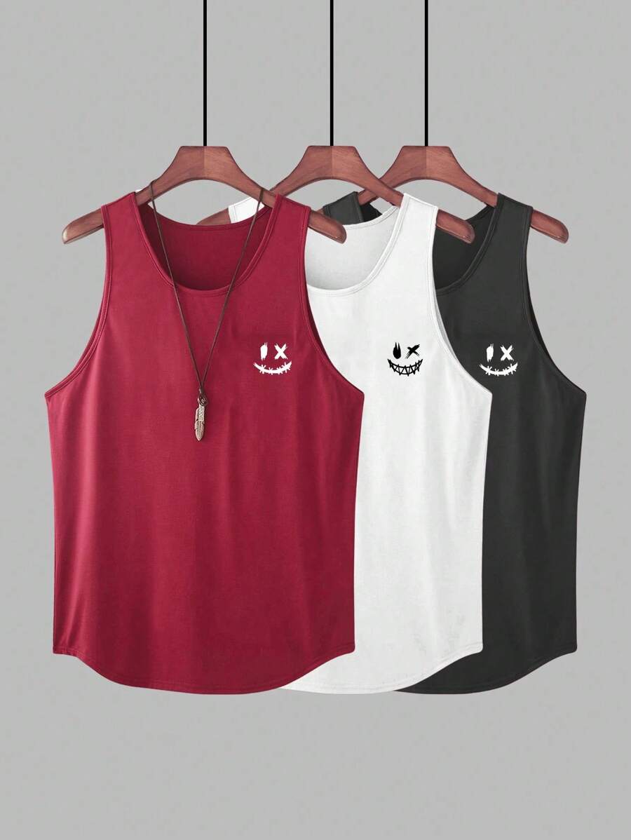 Manfinity Homme Herren 3-teiliges Set für den Sommer im Vintage Sportlich & Lässig-Stil mit cartoon grafischem Muster am Saum und ärmelloser Tanktop, ideal für den Urlaub