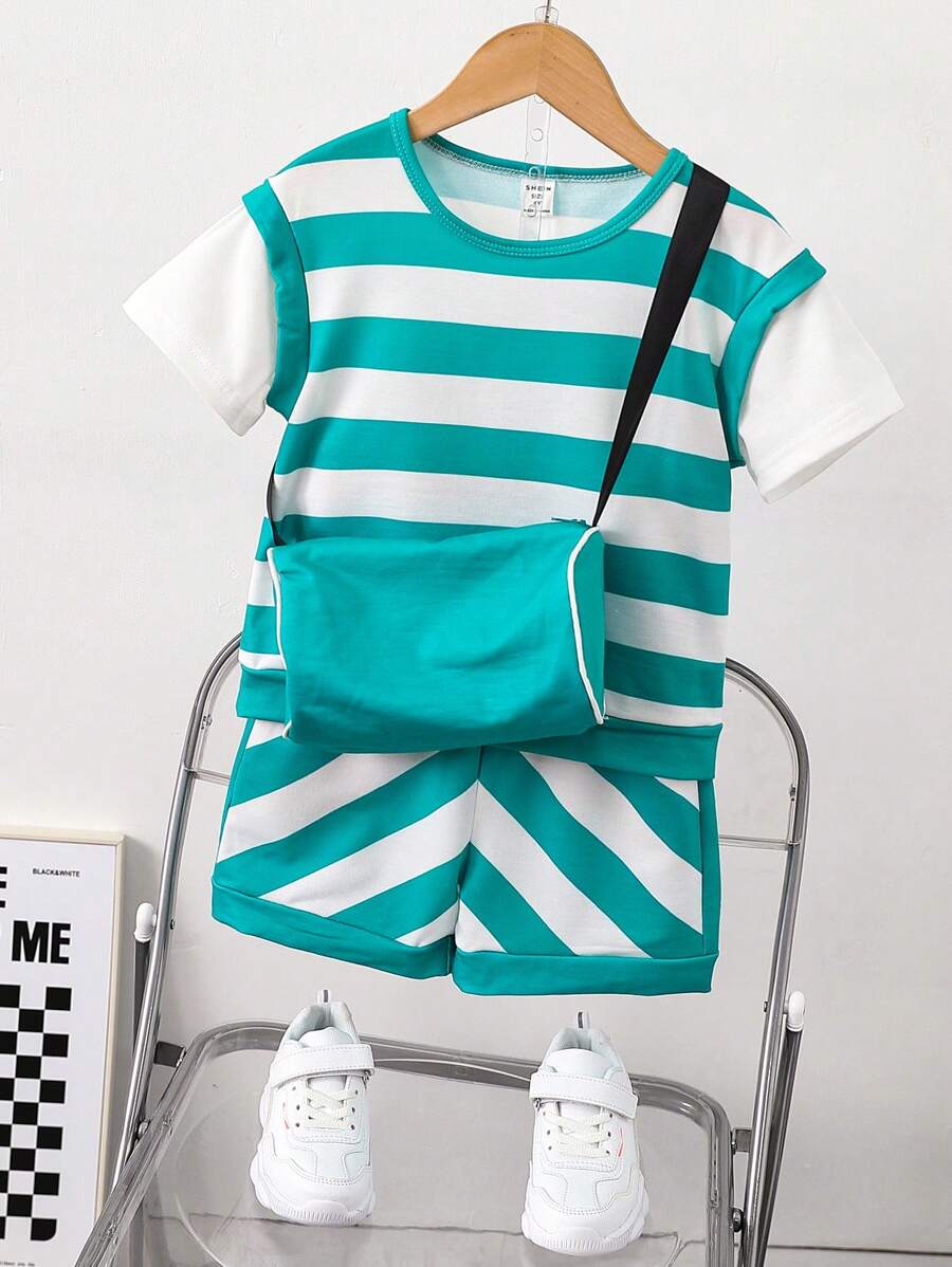SHEIN Summer Round Neck Short Sleeve Casual T-Shirt And Shorts Two-Piece Set For Tween Boys
