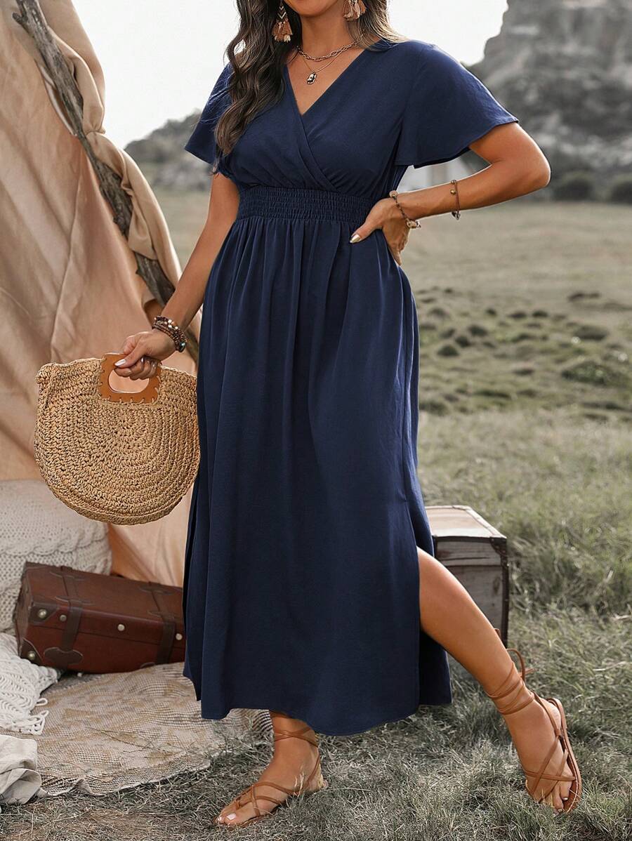 Franclia Robe longue d'été grande taille de couleur unie avec fentes latérales et taille cintrée, tenue maxi pour femmes