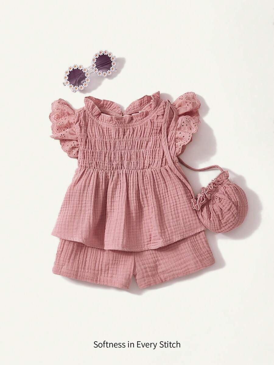 Cozy Pixies Baby Girl Ruffle Trim Peplum Top & Shorts With Bag
